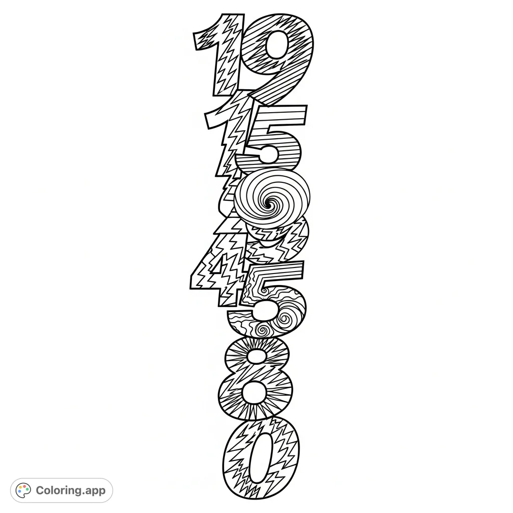 Discover a unique stacked Arabic numerals coloring page, featuring bold patterns like lightning bolts and swirling vortexes for a striking composition.