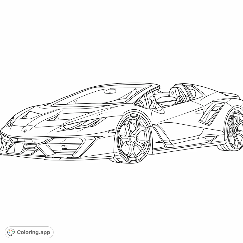 Color a magnificent, futuristic open-top supercar. This detailed coloring page features sharp lines, dynamic forms, and powerful automotive design for enthusiasts.