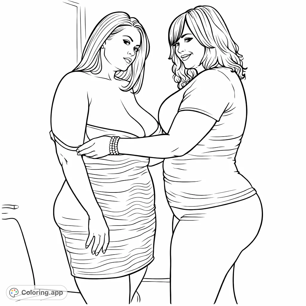 An empowering coloring page featuring two confident women in a close-up portrait, ready for your artistic touch. Express their unique styles with your chosen palette!