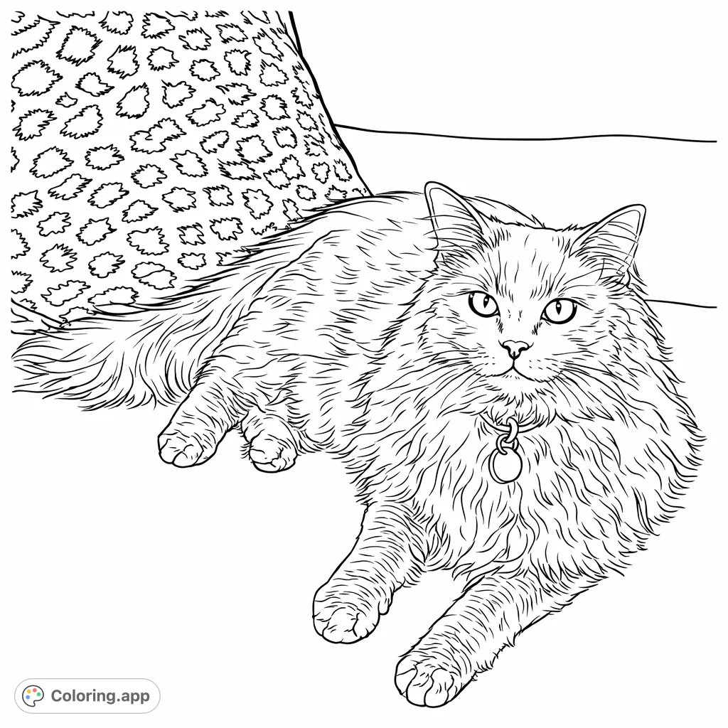 A magnificent long-haired cat lounges on a cozy sofa next to a patterned pillow, gazing calmly. Enjoy coloring its fluffy fur and intricate details.