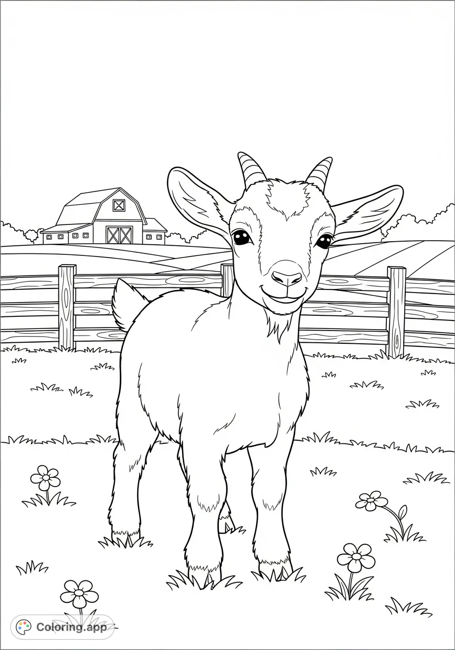 Discover a charming, simple cute goat on a farm coloring page, perfect for young artists. Features a friendly goat amidst a rustic barn and fence.