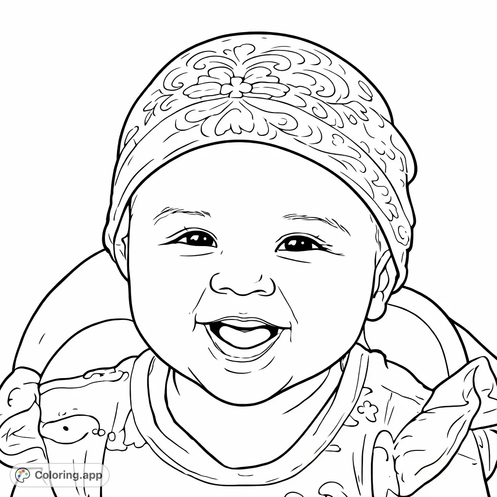 Capture the pure joy of a smiling baby with this delightful coloring page. Featuring an adorable infant with a patterned hat and shirt.