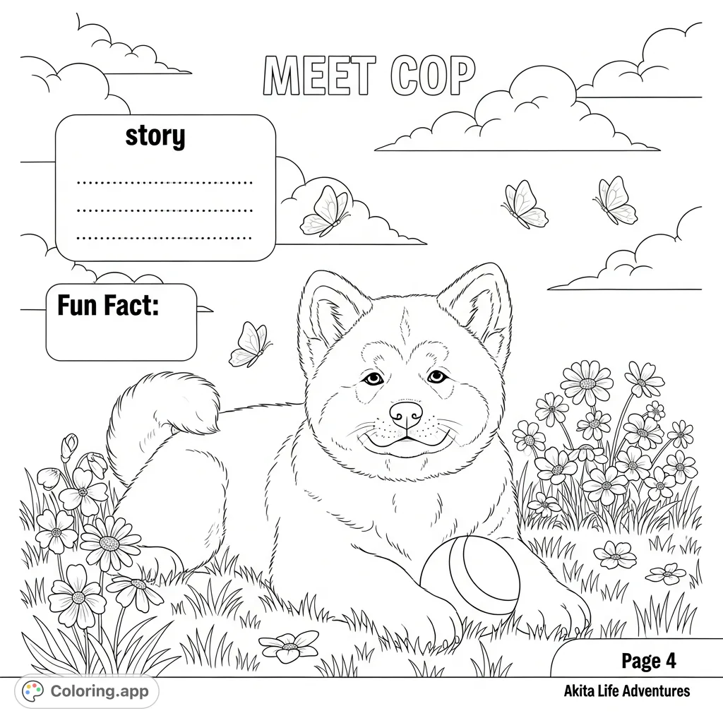 Meet Cop, an adorable Akita puppy, relaxing in a grassy field with her ball, surrounded by flowers and butterflies. A delightful free printable Akita coloring page for kids.