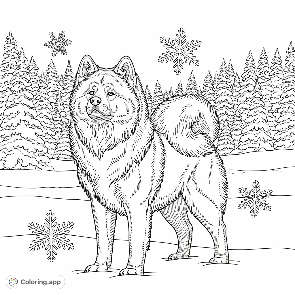 Color a majestic long-haired Akita, Yeti, amidst a peaceful snow-laden pine forest. Detailed fur, snowflakes, and serene winter scenery await your creativity.