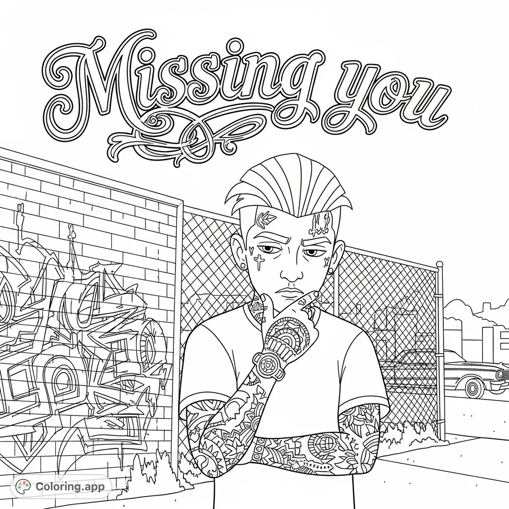 A reflective Chicano cartoon character stands before an urban backdrop with intricate graffiti and a classic lowrider, featuring "Missing you" in ornate script.