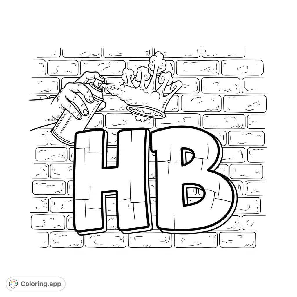 Unleash your creativity with this cool graffiti coloring page! Features bold "HB" letters on a detailed brick wall, topped by a crown sprayed from a can.