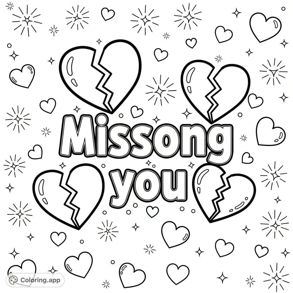 A heartfelt 'Missong you' coloring page, featuring stylized text, broken hearts, and a background filled with charming full hearts and radiant sparkles. Express your feelings.