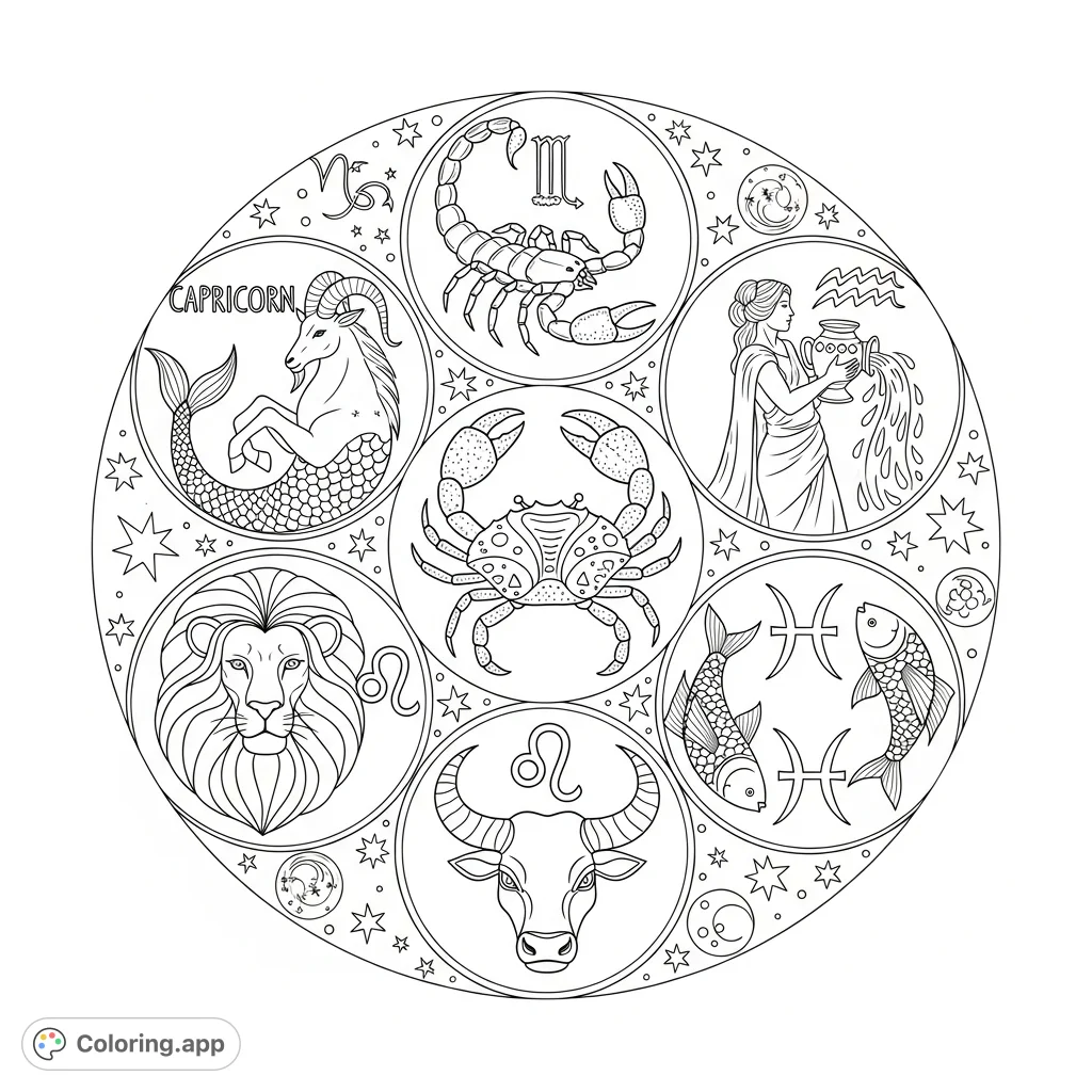 Explore the mystical world of astrology with this Zodiac symbols coloring page, featuring Capricorn, Scorpio, Aquarius, Cancer, Leo, Taurus, and Pisces.