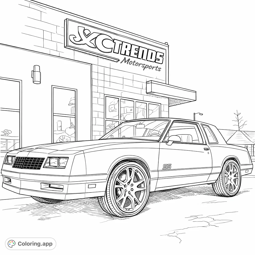 A detail-rich classic coupe with custom wheels parked outside a motorsports shop, ready for a personalized touch.