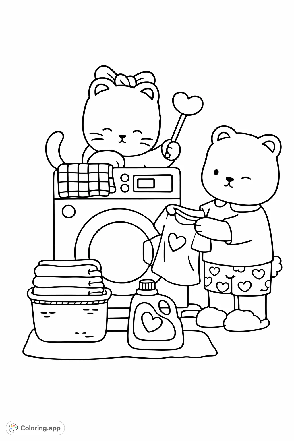 Join a friendly cat and bear as they tackle laundry day with a washing machine, clothes basket, and heart-patterned garments. A heartwarming scene of chores!