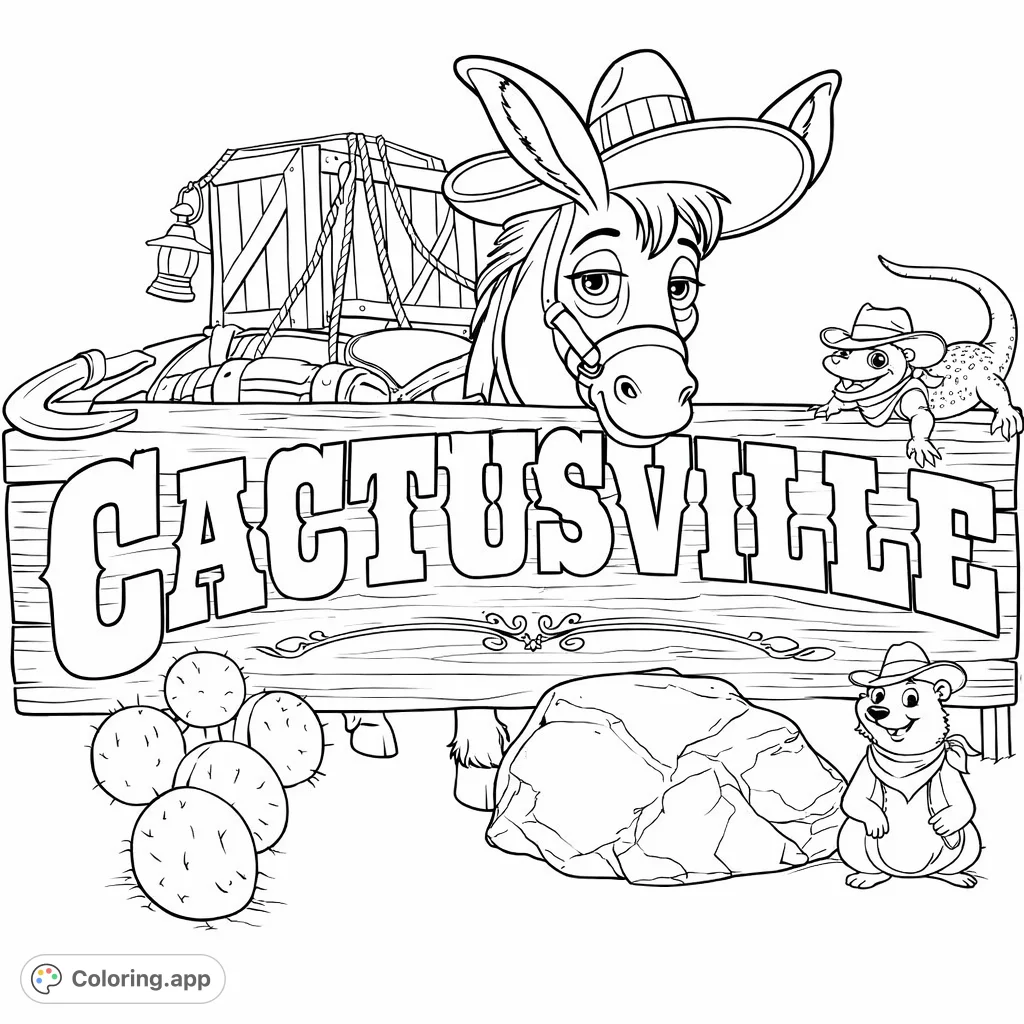 Explore Cactusville with charming desert animals and a welcoming western sign. A fun, whimsical scene perfect for imaginative coloring adventures.