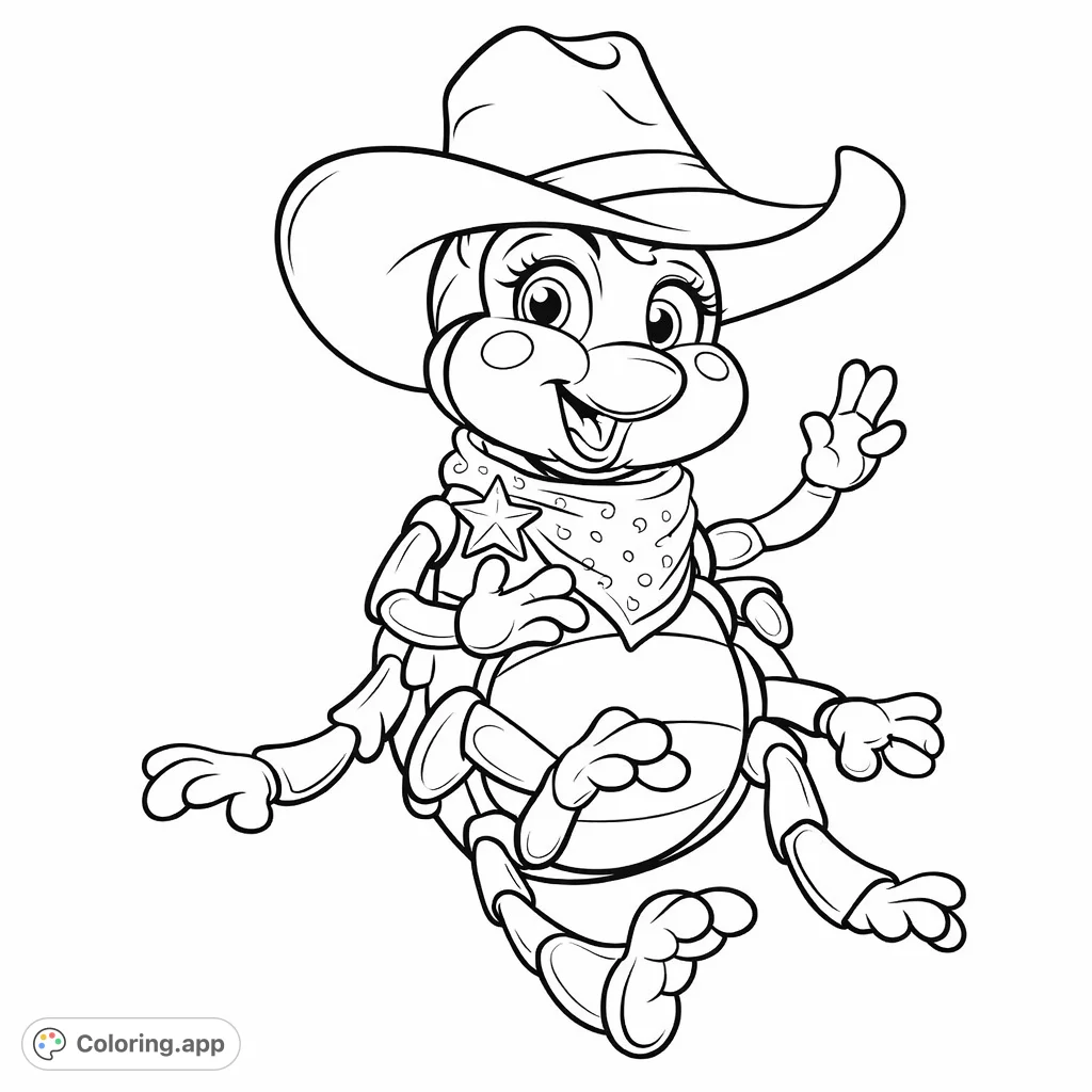 Gallop into fun with this adorable bug cowboy coloring page! Featuring a cheerful insect wearing a cowboy hat and a sheriff's star.