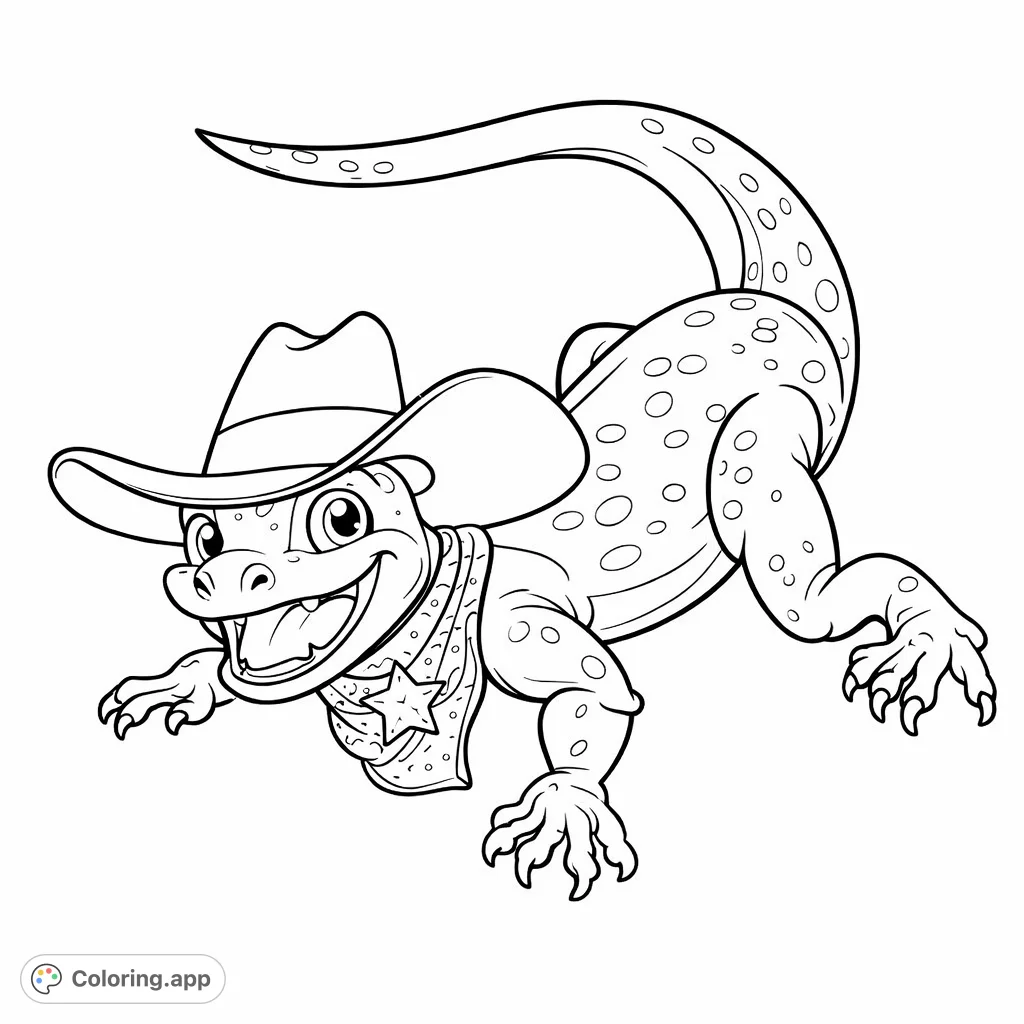 Gallop into fun with this adorable lizard sheriff, sporting a cowboy hat, bandana, and star badge, ready for a wild west coloring adventure!