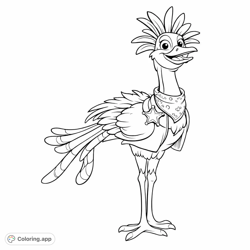 Gallop into fun with this charming Western bird coloring page! Features a crested character in a cowboy vest and bandana, ready for adventure.