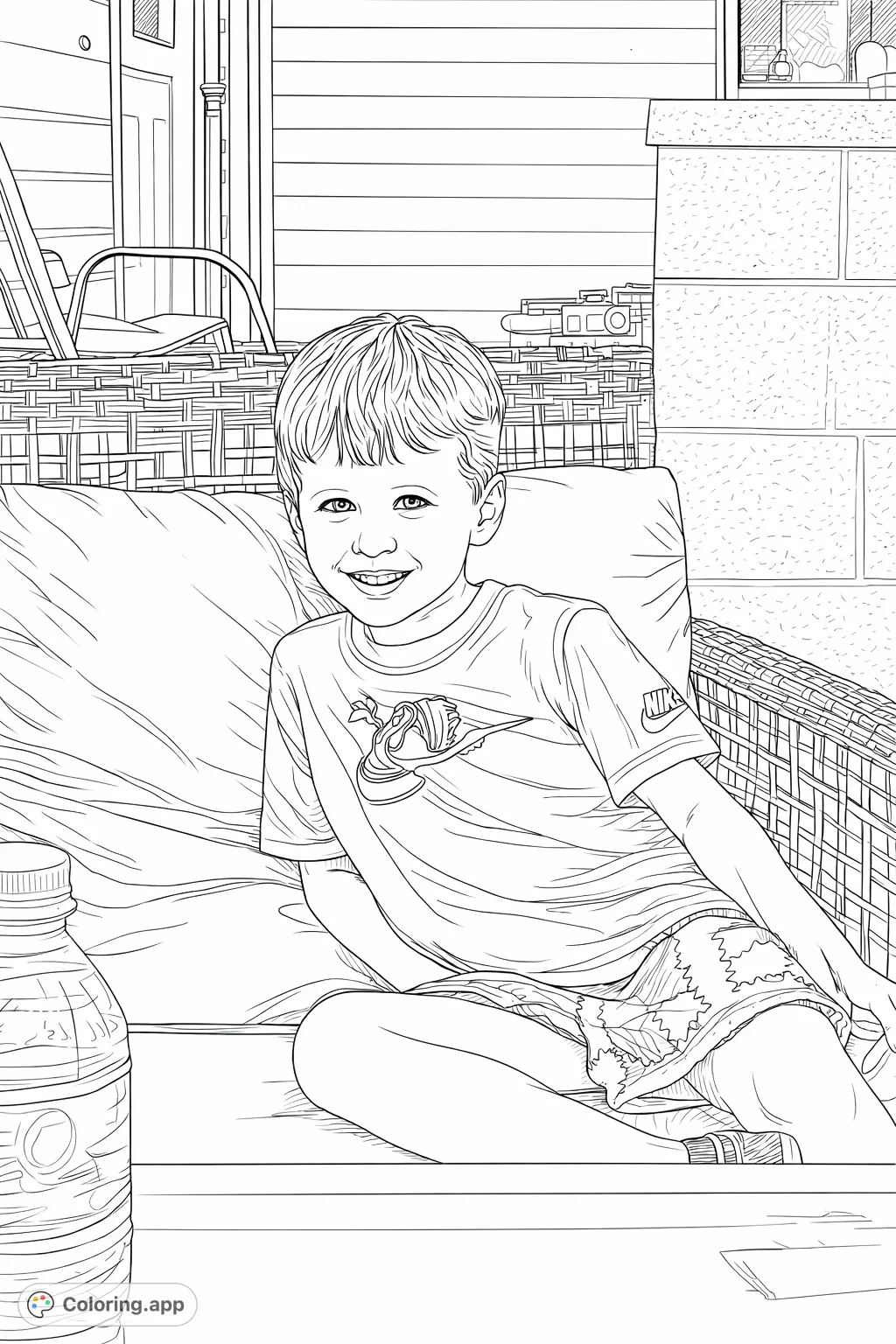 A cheerful young boy smiles from a cozy patio chair, featuring patterned shorts and a woven background. Perfect for a joyful coloring experience!