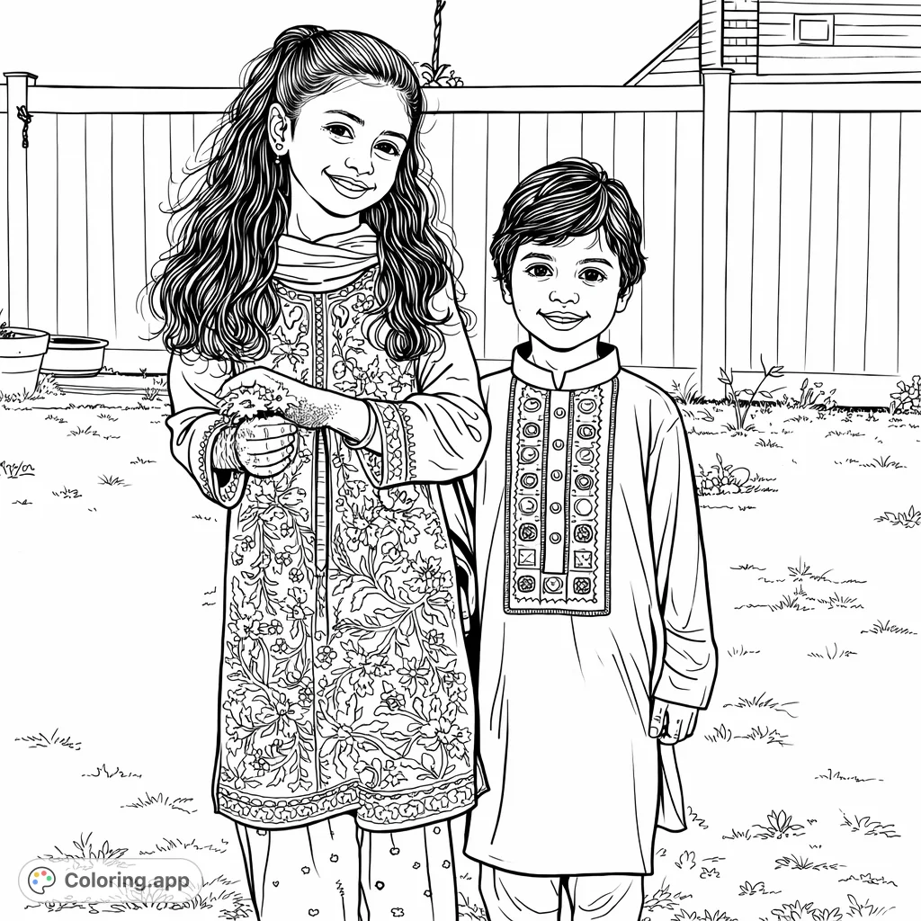 Two smiling children in traditional embroidered outfits stand in a grassy yard against a fence, holding delicate flowers. A cultural and charming scene.