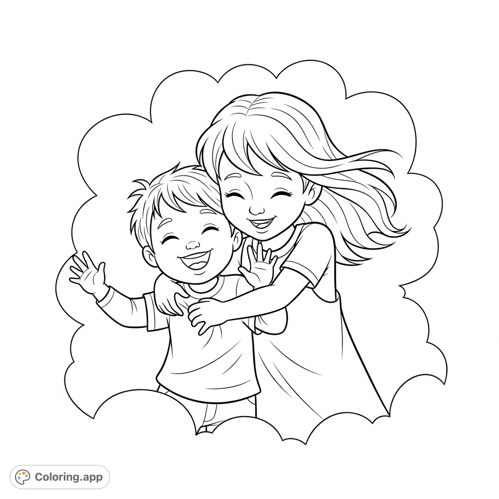 A heartwarming Jenny coloring page featuring a joyous hug and playful tickles between two children, perfect for free printable coloring page fun.