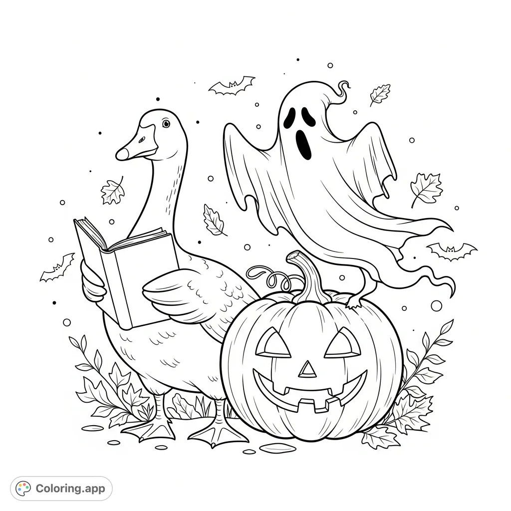 A whimsical Halloween decor scene featuring a silly goose reading near a carved pumpkin, while a playful spooky ghost dances by. Perfect for festive fun!