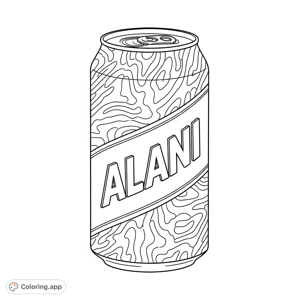 An Alani drink can coloring page, perfect for customizing with vibrant designs. A free printable Alani coloring page for creative expression and fun!