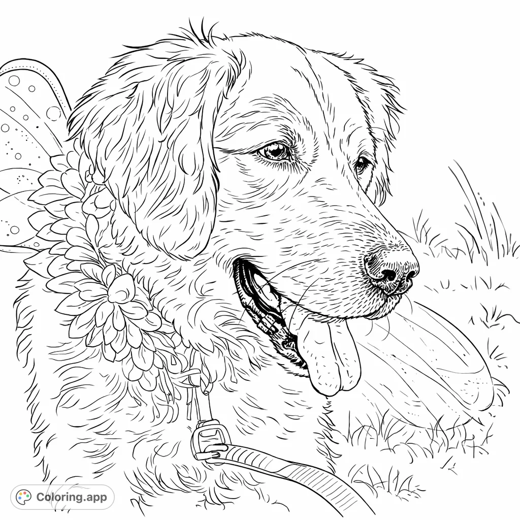 A charming golden retriever in a delightful fairy costume, complete with wings and a floral garland, resting in a sunny field. Perfect for pet lovers.