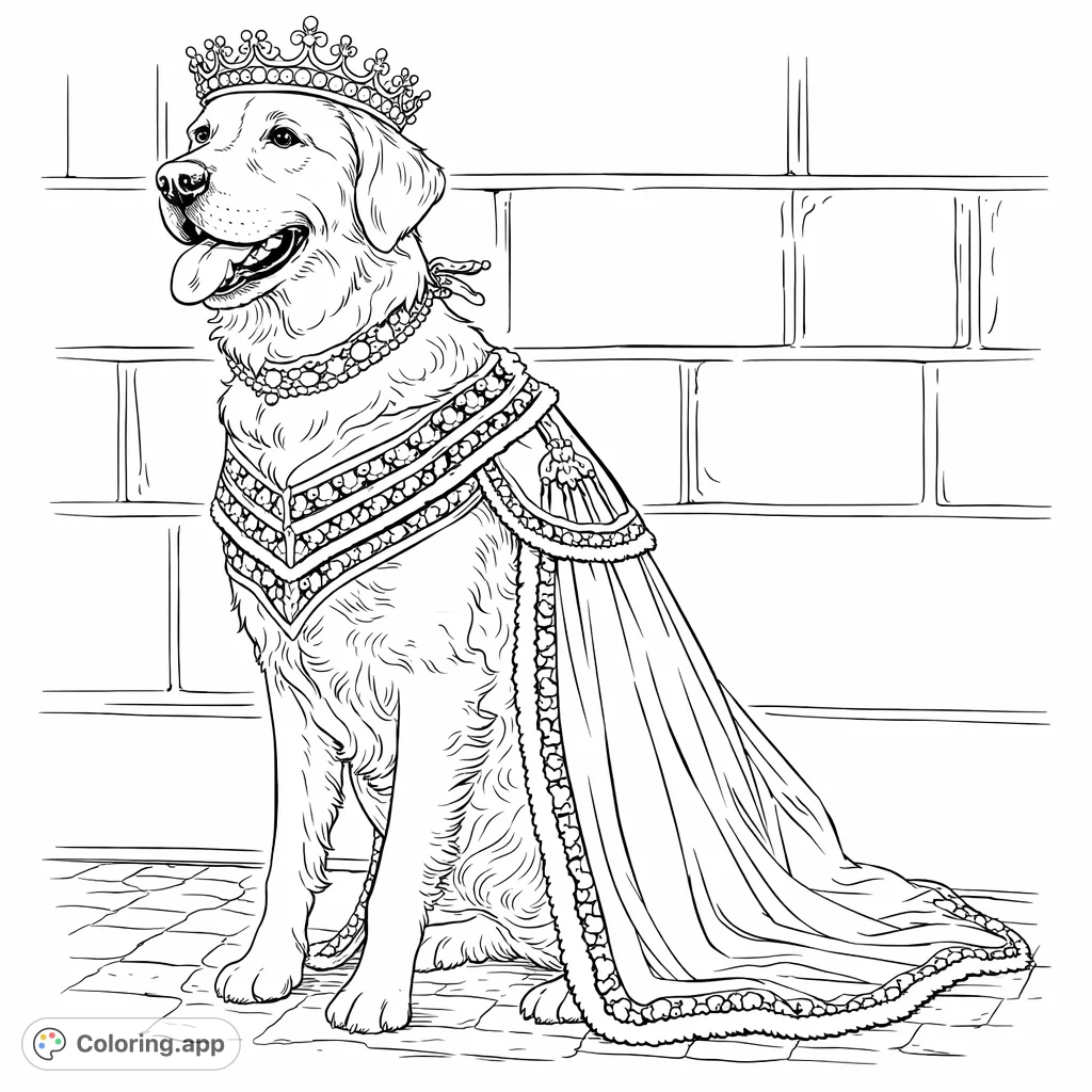 A majestic dog wearing a crown and royal cape, sitting regally against a stone backdrop. Perfect for dog lovers to personalize with imaginative colors.