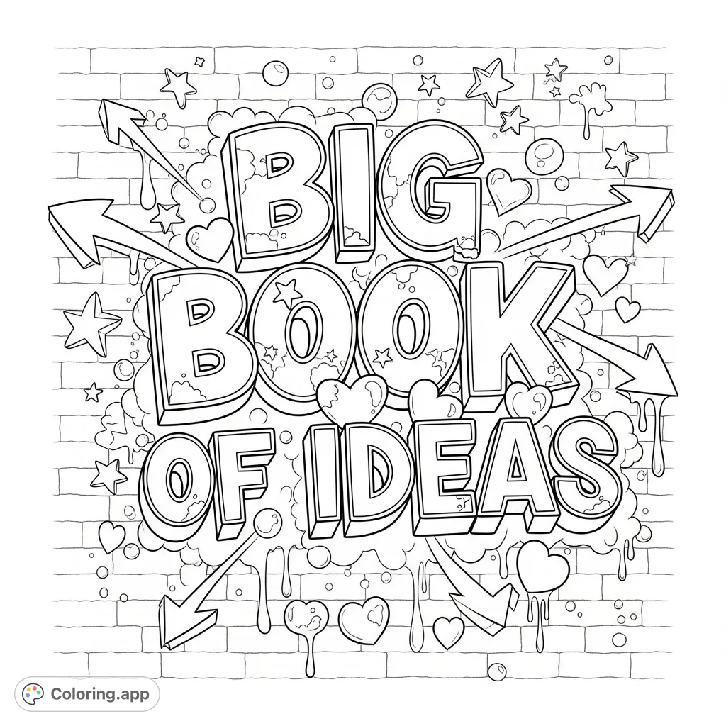 Bold, stylized "BIG BOOK OF IDEAS" graffiti lettering with dynamic shapes, arrows, stars, and drips against a textured brick wall. An energetic scene for creative coloring.