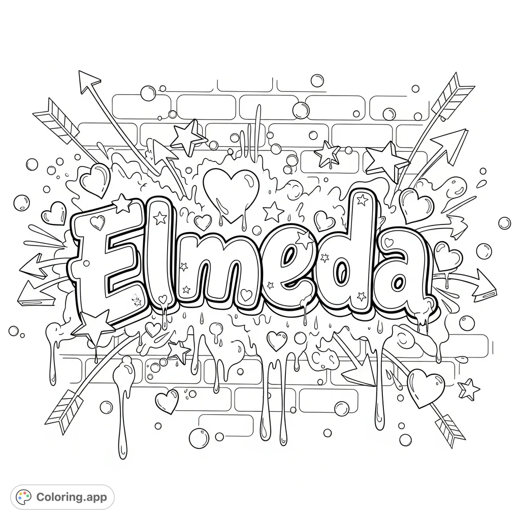 Unleash your creativity with this dynamic Elmeda graffiti art, featuring bold letters, expressive drips, stars, hearts, and a textured brick background.