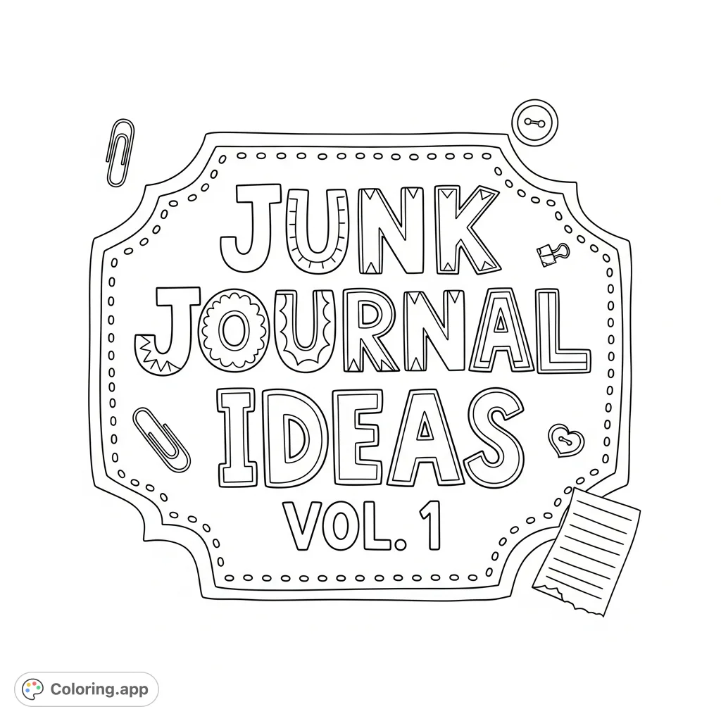Express creativity with a "Junk Journal Ideas Vol. 1" coloring page featuring a playful doodle alphabet font and a decorative label border, perfect for crafters.