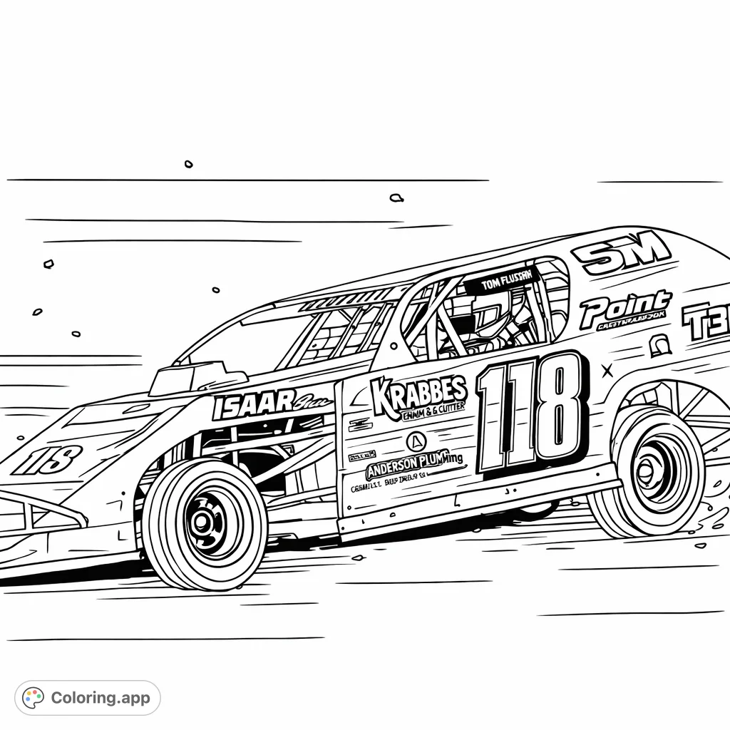 Experience the thrill of a dirt track race car in action! This dynamic coloring page features a powerful speed machine with intricate details and a blurred background.