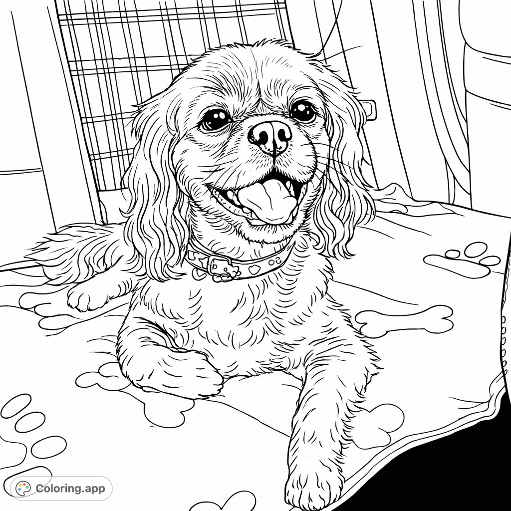A charming dog enjoying a car ride, resting comfortably on a patterned blanket. This free printable dog coloring page offers a relaxing creative activity for pet lovers.