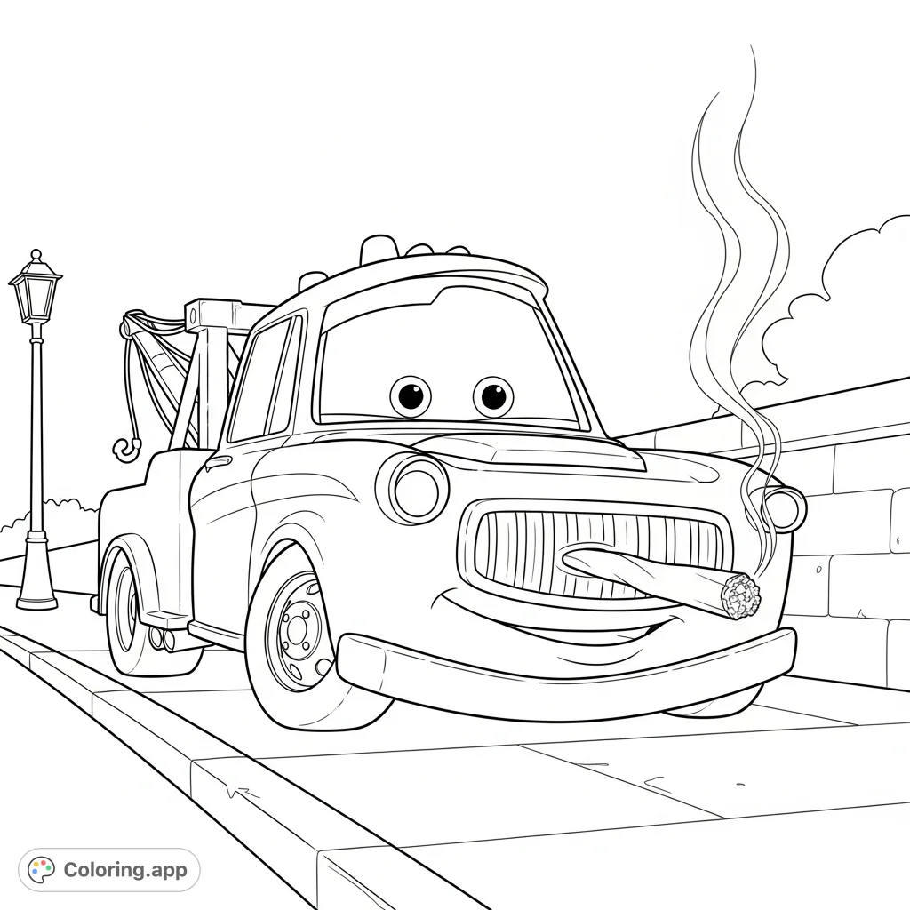 An adult Disney cars coloring page featuring a familiar vehicle in a relaxed pose with smoke, offering a unique and unconventional creative experience.
