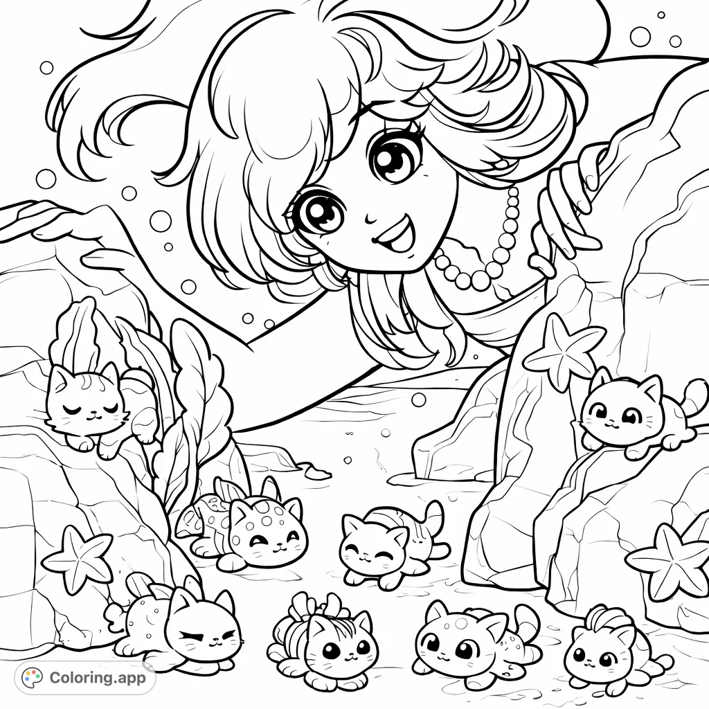Dive into an enchanting underwater world with a friendly mermaid and her collection of delightful sea creature companions. Perfect for marine adventure fans!