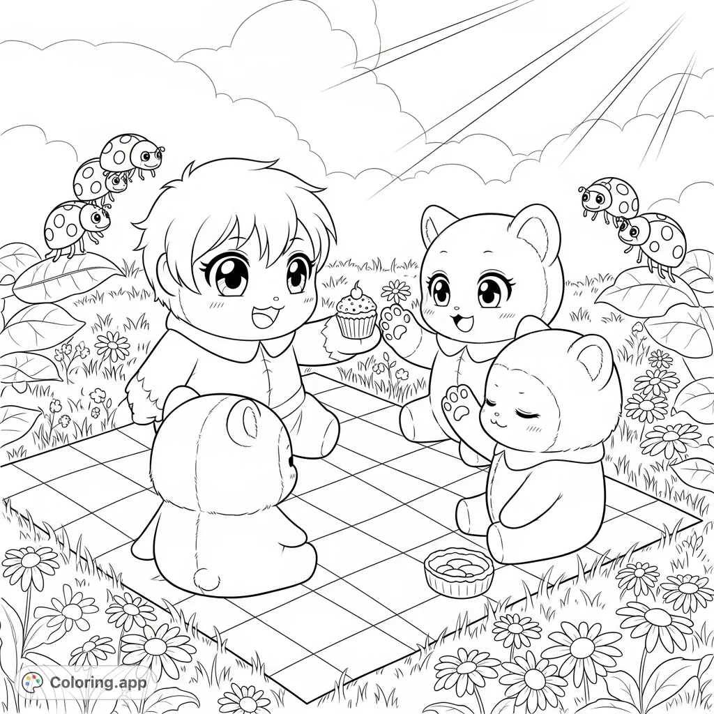 Discover a delightful picnic scene featuring whimsical, round characters, a sweet cupcake, and tiny ladybugs in a sunny meadow. Perfect for imaginative coloring!