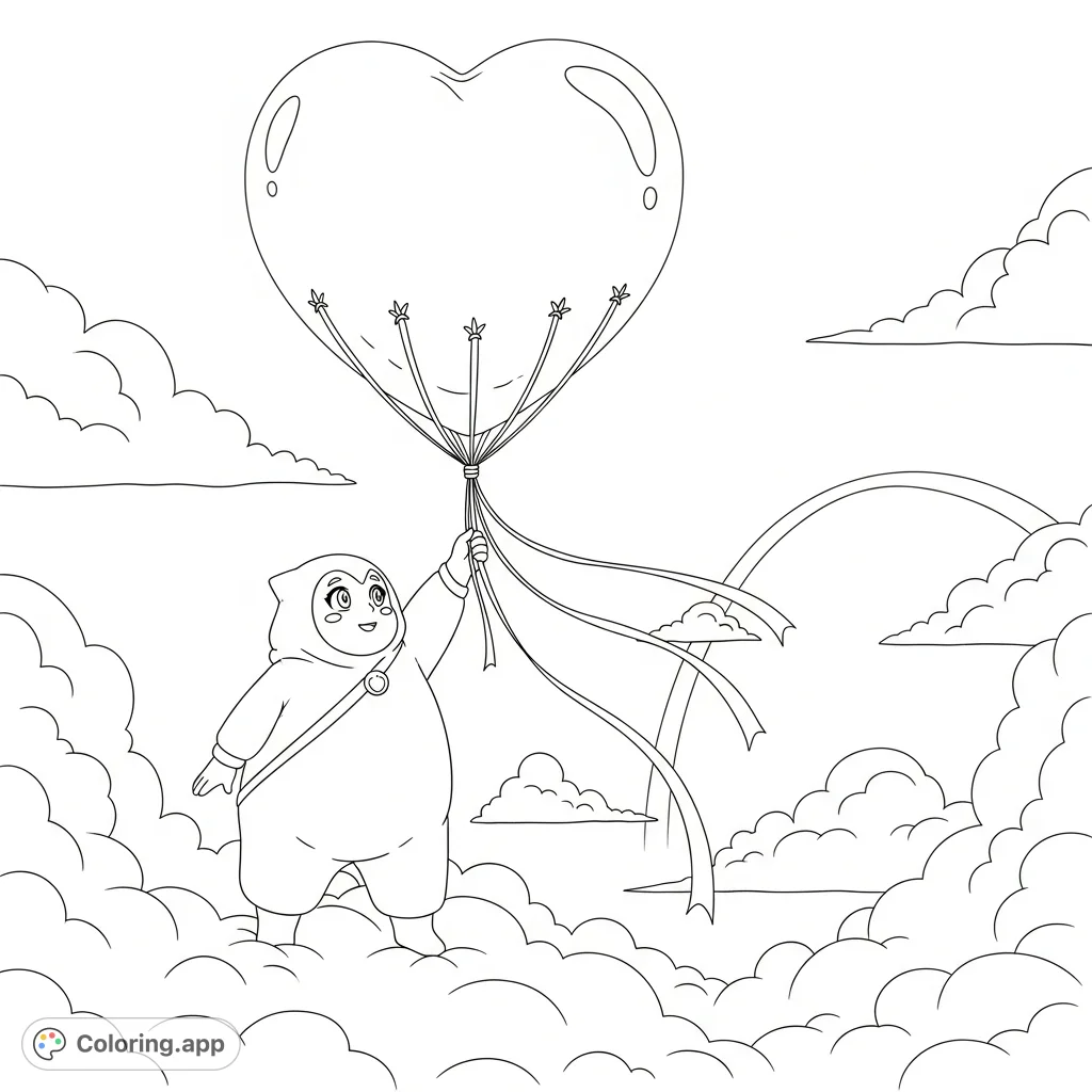 A plump character on a fluffy cloud holds a colossal heart balloon, with ribbons fluttering against a whimsical rainbow and distant clouds. A dreamy, joyful scene!