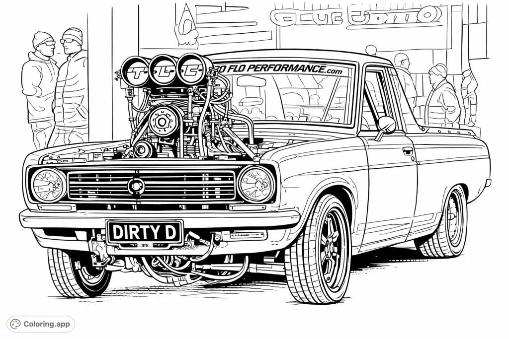 Unleash your creativity with this custom power pickup truck coloring page. Features an exposed engine, detailed grille, and sleek lines, perfect for car enthusiasts.