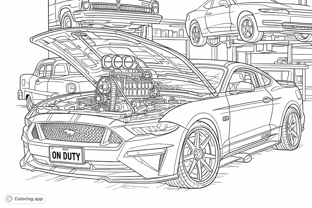 Rev up your creativity with this detailed performance coupe coloring page, featuring a powerful engine and a dynamic workshop scene. Perfect for car enthusiasts!