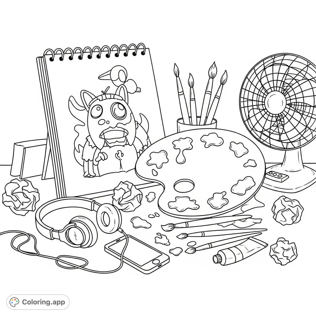 Explore a bustling artist's desk with a drawing pad, paint palette, brushes, and creative tools. A fun scene for art lovers to bring to life.
