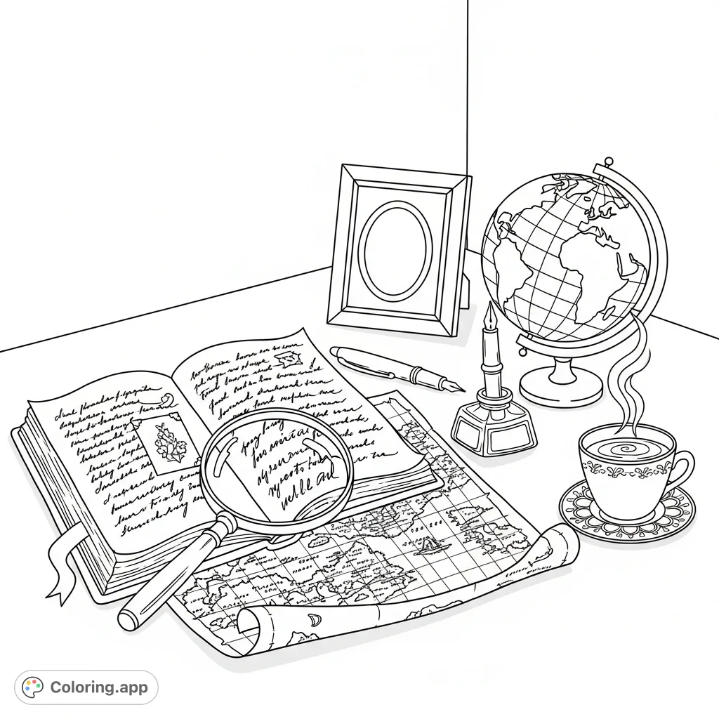 Explore a detailed desk with an open journal, antique map under a magnifying glass, quill, globe, and teacup, inviting a journey of discovery.