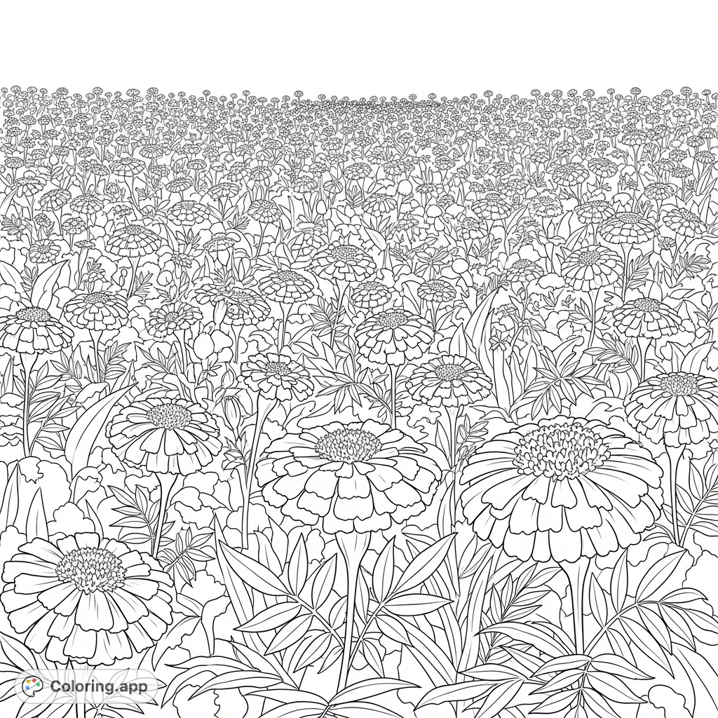 Immerse yourself in an expansive marigold field coloring page, featuring densely packed blooms, intricate petals, and lush foliage stretching to the horizon.