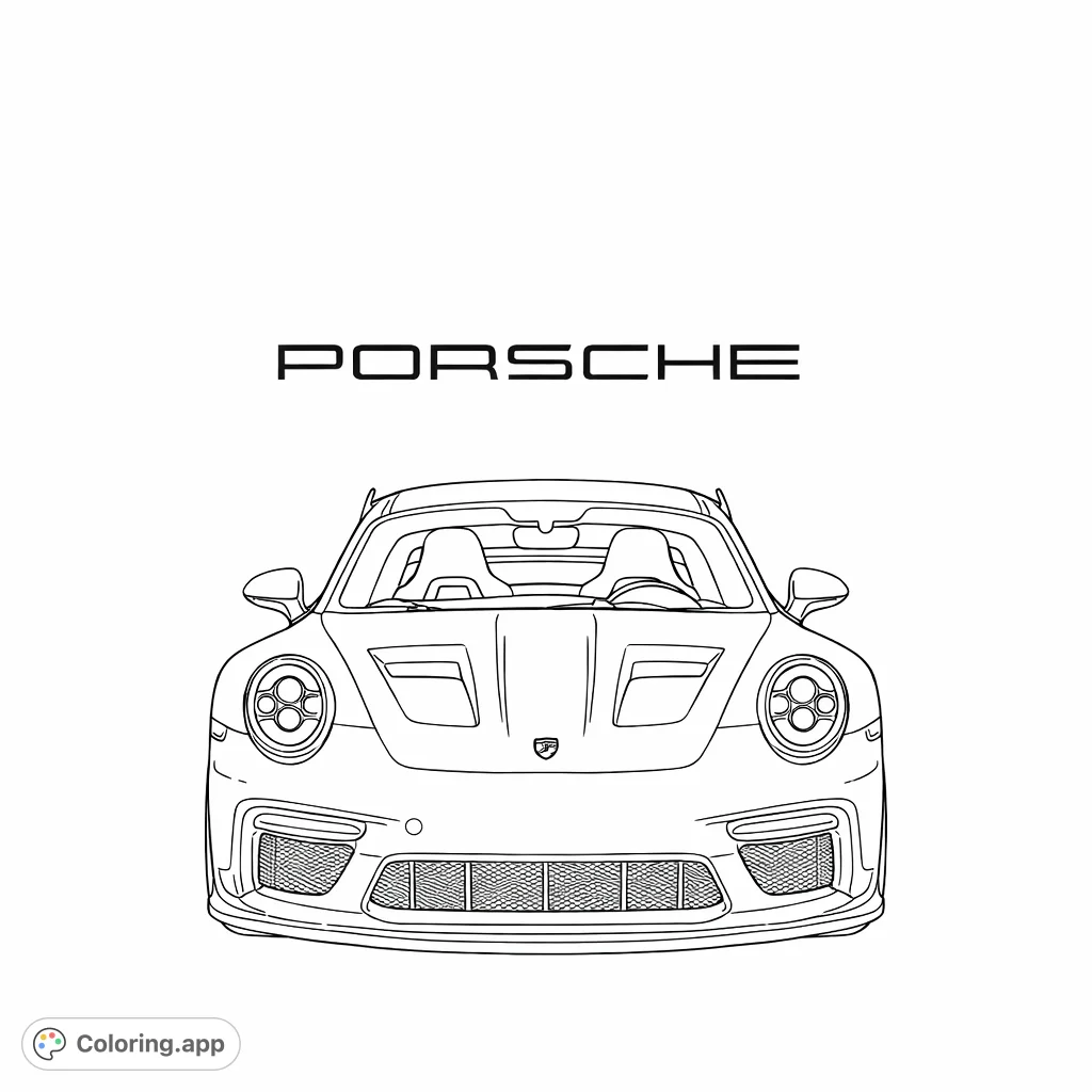 Color this sleek, powerful sports car, a front-view masterpiece with intricate details and a distinctive brand emblem, set in a spotlight. Perfect for enthusiasts!