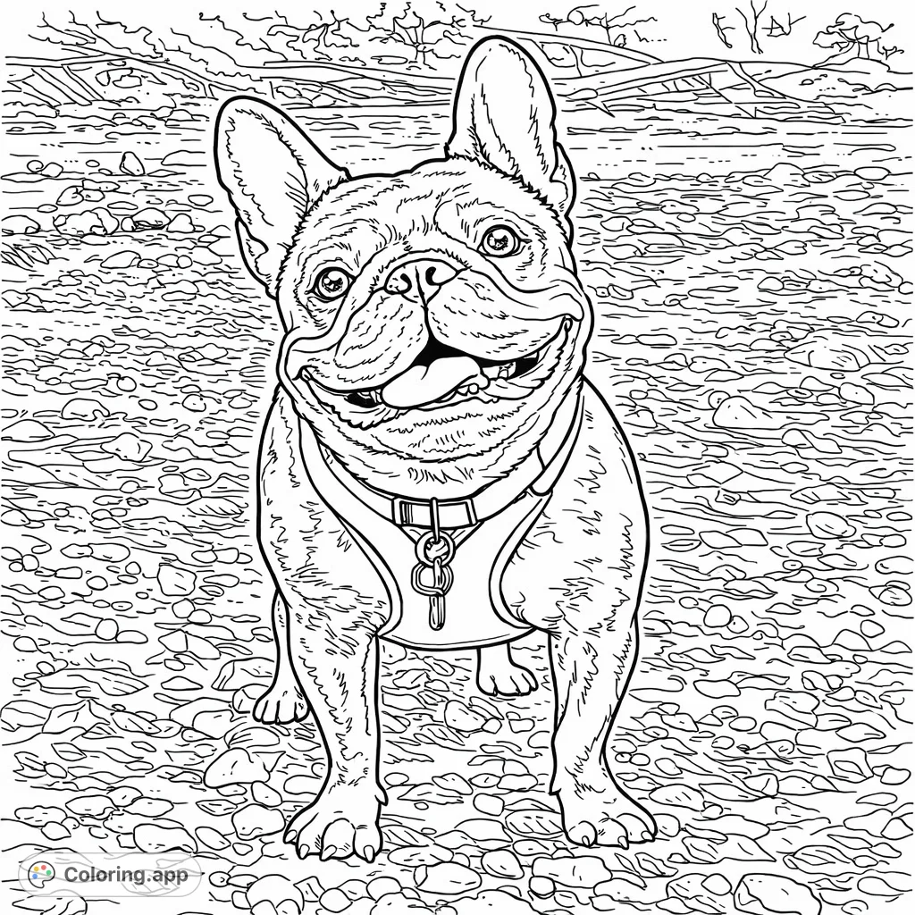 A delightful French Bulldog with a joyful expression stands by a rocky riverbed, surrounded by scattered leaves and natural beauty, ready for your creative touch.