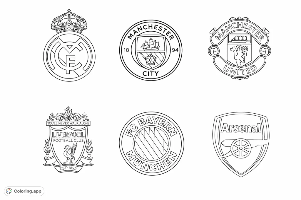 Color six iconic football club logos featuring intricate crests, historical symbols, and unique typography. Perfect for sports fans to personalize.