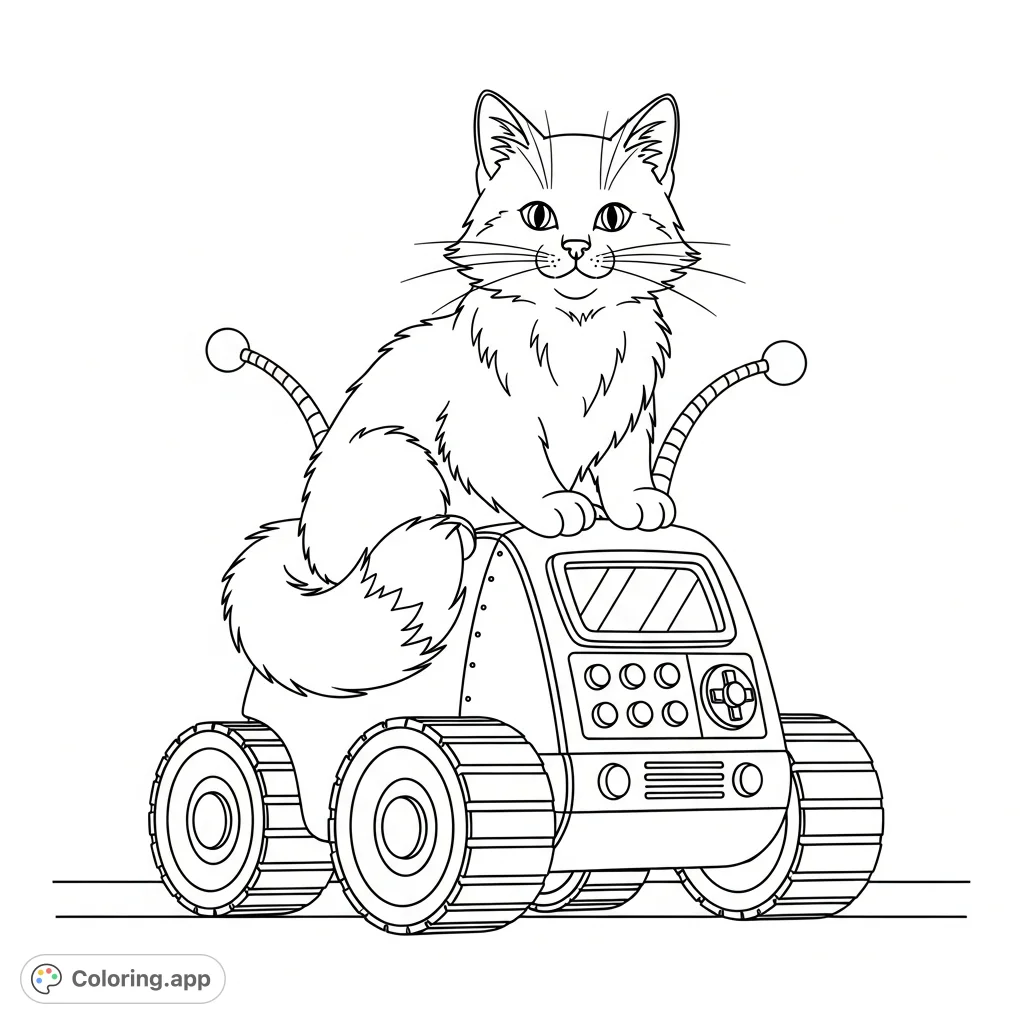A charming coloring page featuring a fluffy cat perched playfully on a whimsical robot toy with wheels and antennae. A delightful scene for creative expression!