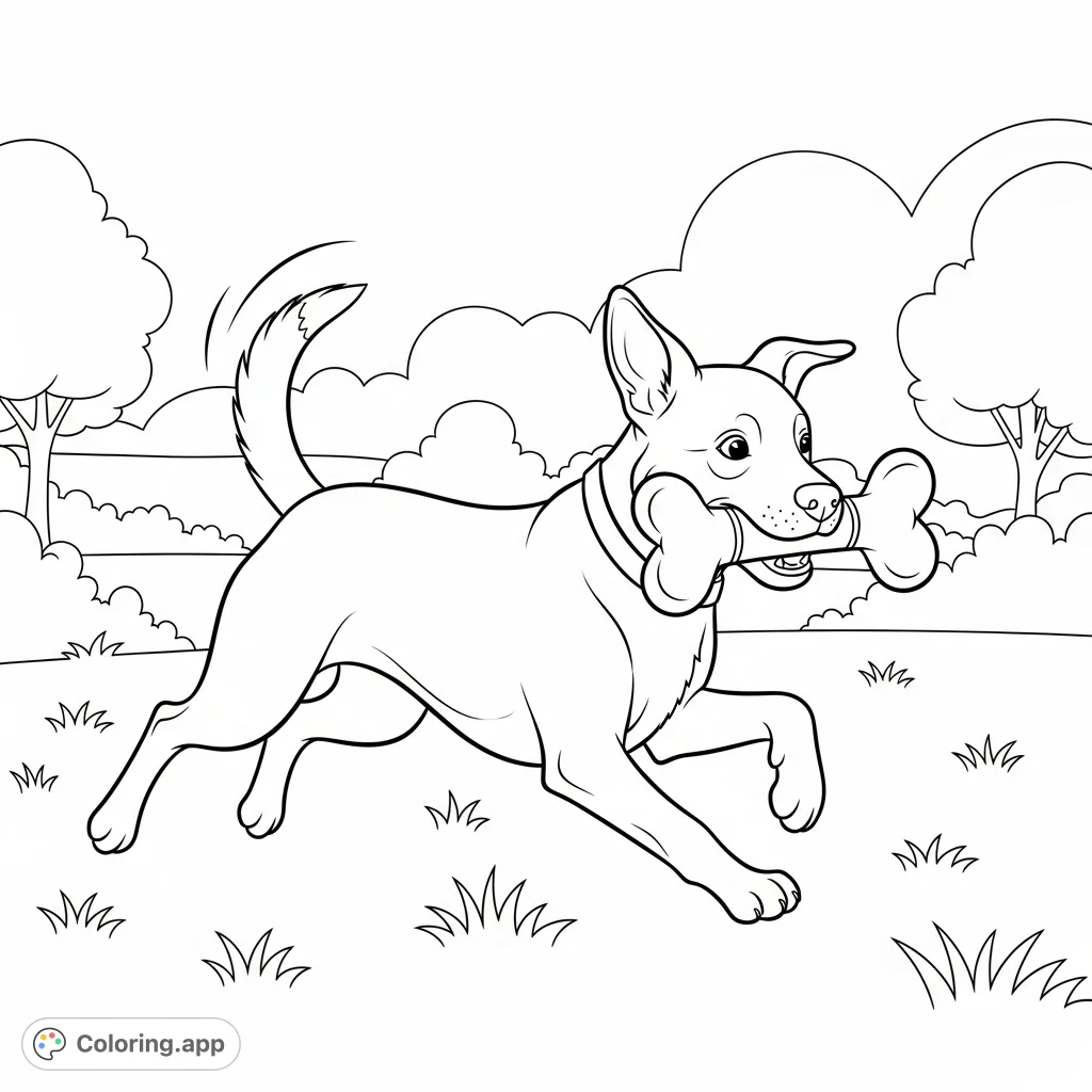 An energetic dog joyfully playing fetch with a bone-shaped toy in a park. This dynamic dog coloring page offers a delightful scene for kids and adults alike.