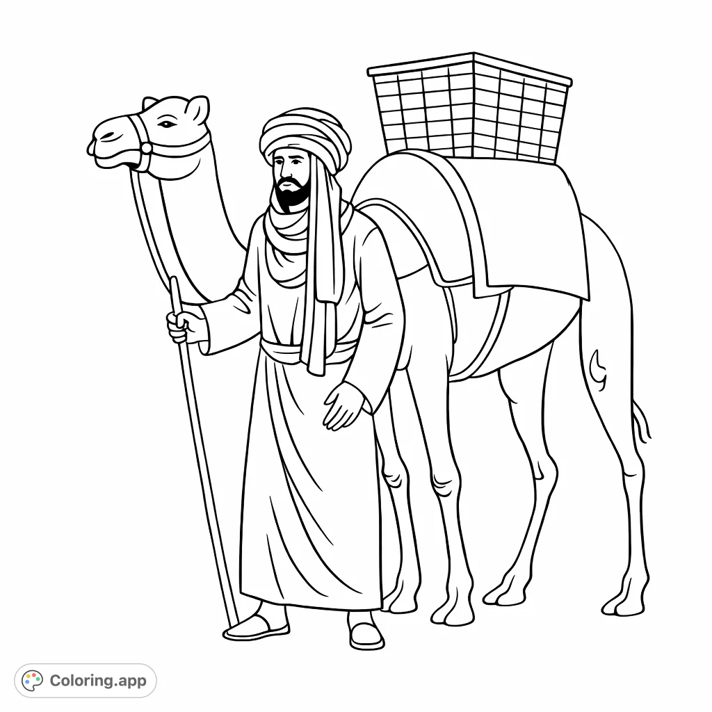 Journey across vast landscapes with a desert traveler and his trusty camel, laden with goods. A captivating scene for imaginative coloring.