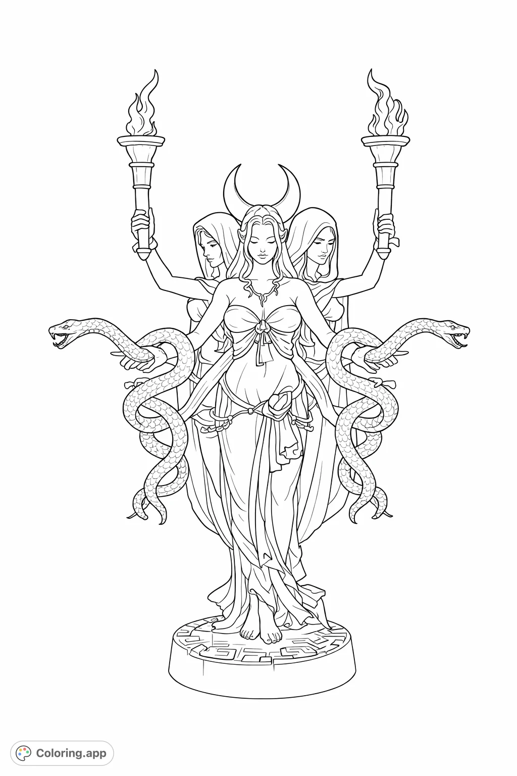 A mesmerizing mystic triple goddess statue featuring a central figure with serpents and torches, flanked by hooded attendants, standing on an ornate base. Explore ancient mythology.