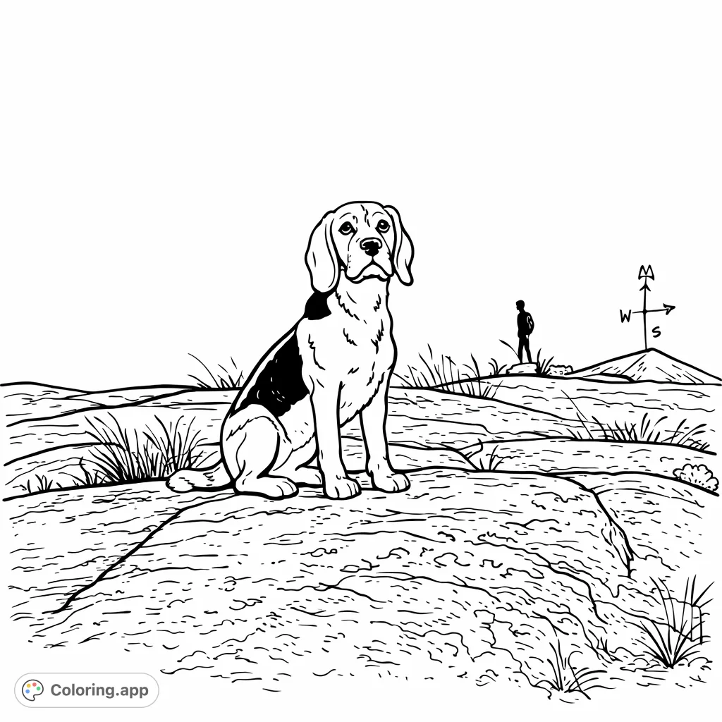 A charming beagle sits attentively on rugged rocks, ready for adventure. A beautiful scene for dog lovers to personalize with their favorite hues.
