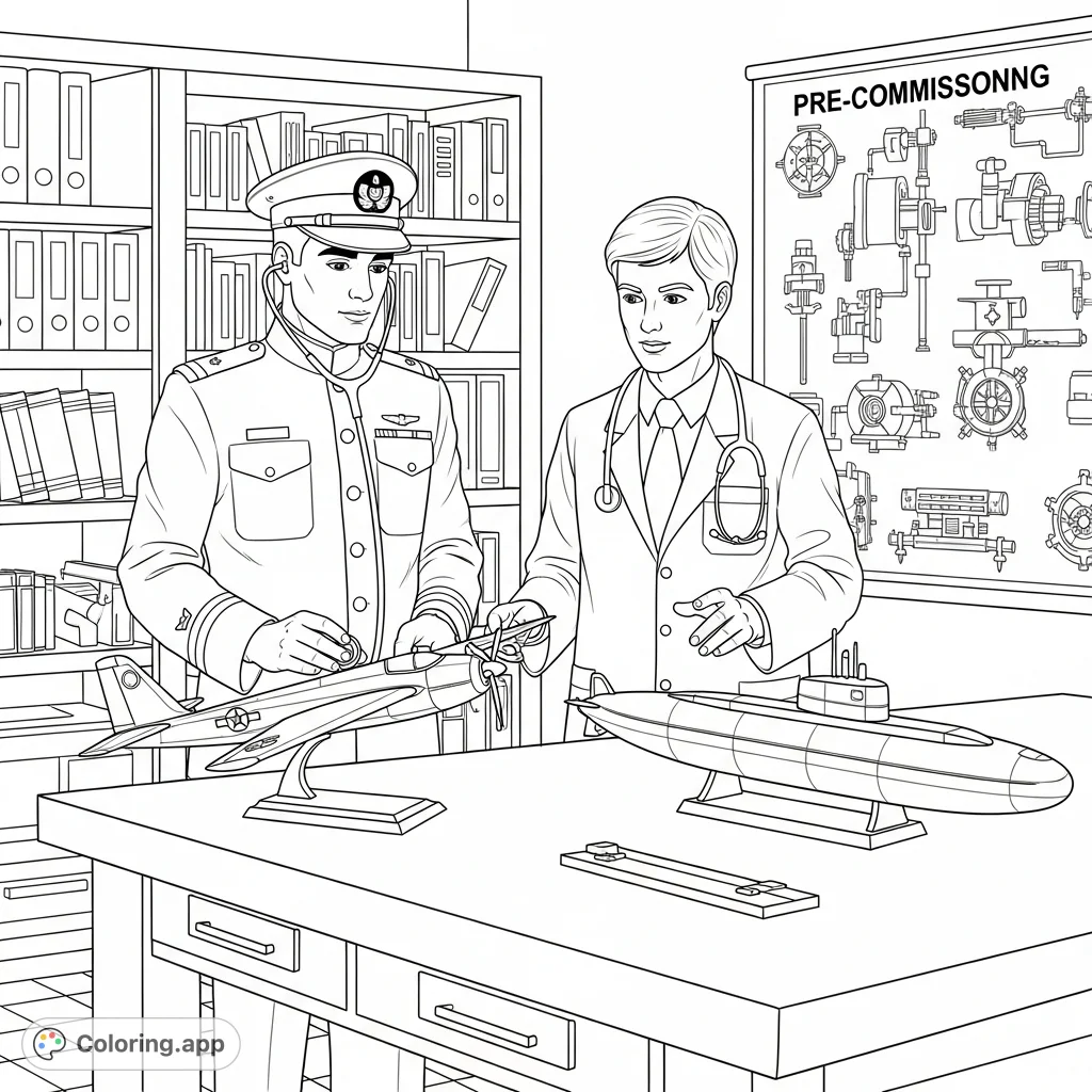Explore a unique scene featuring a precommissioning officer and a doctor inspecting detailed airplane and submarine models in a technical setting. A perfect free printable coloring page.