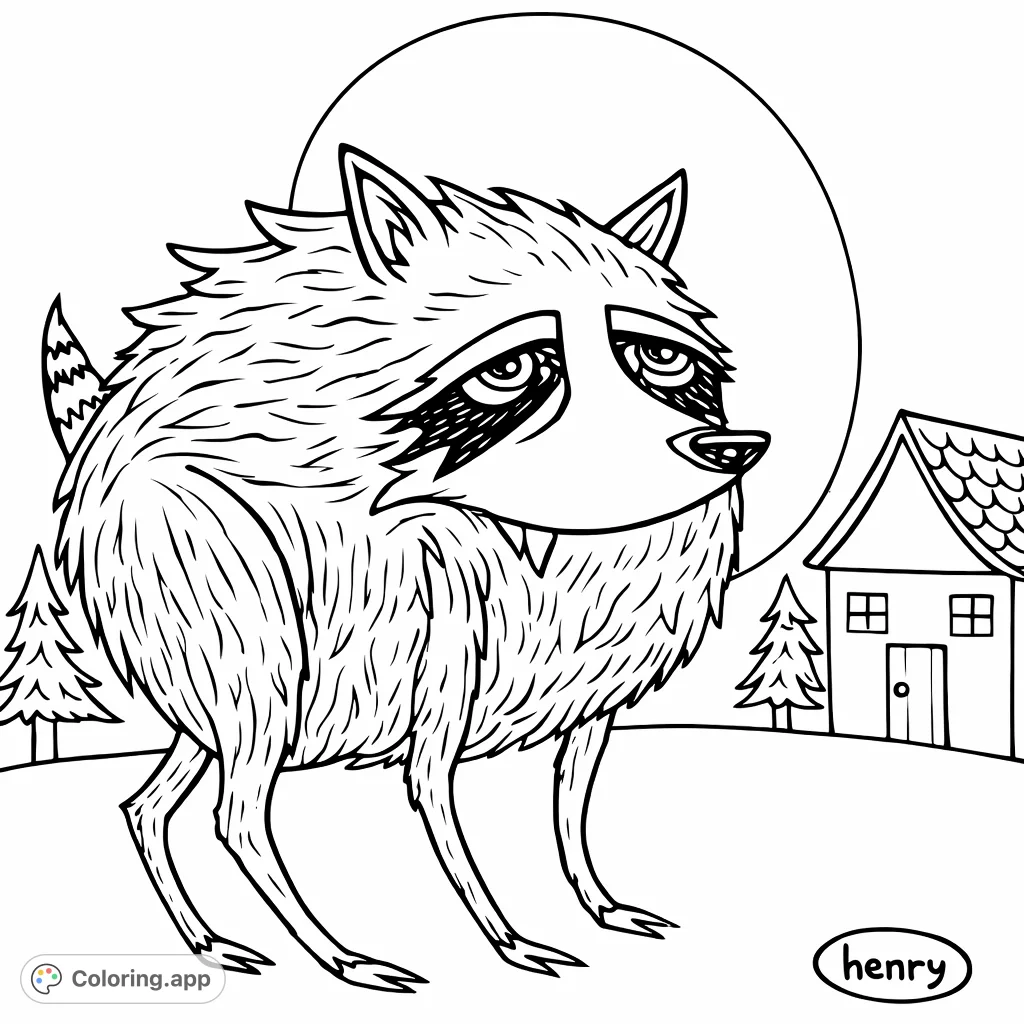 A charming raccoon stands on grassy ground, looking out, with a house and conical trees in the background under a large circular celestial body. Whimsical animal scene.