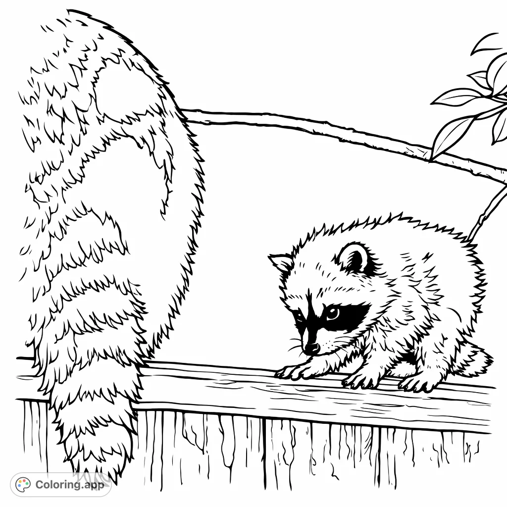 Discover a charming raccoon family coloring page! An adult and baby raccoon explore a rustic wooden fence, surrounded by simple foliage.